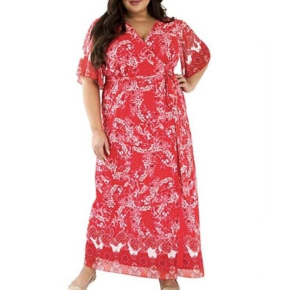 Maree Pour Toi Wrap Dress Maxi Plus 24 Holiday Red Floral Flutter Sleeves NWT